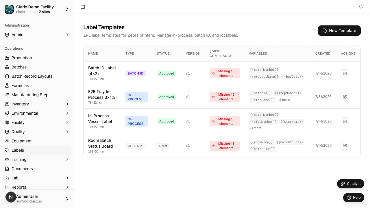 Label templates list