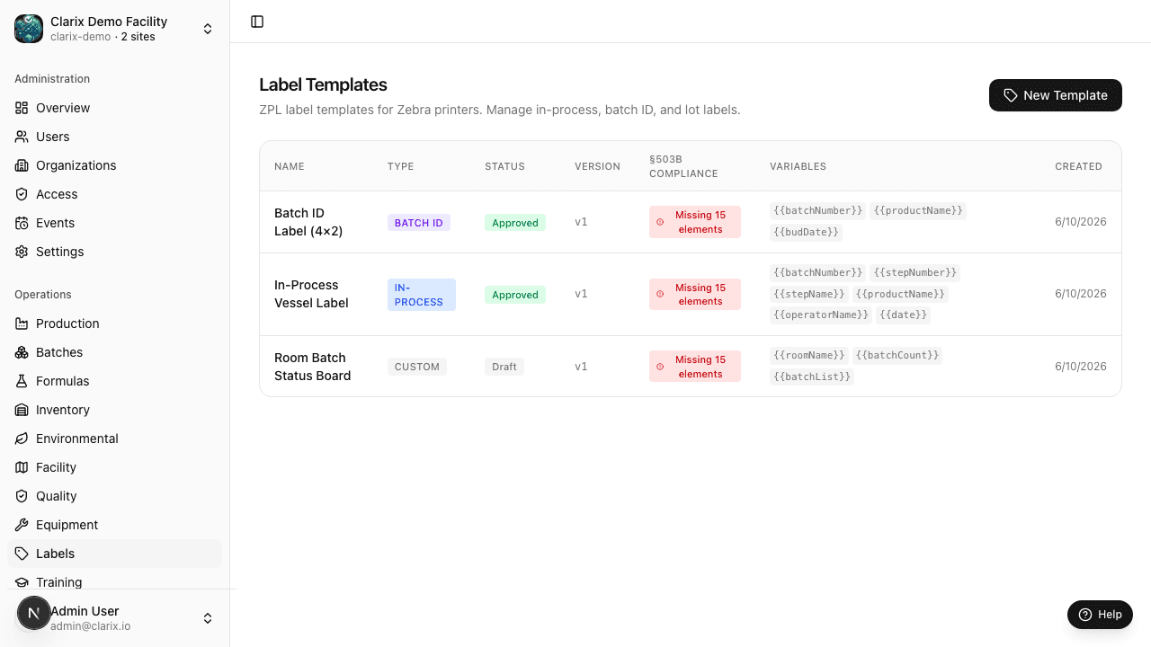 Label templates list