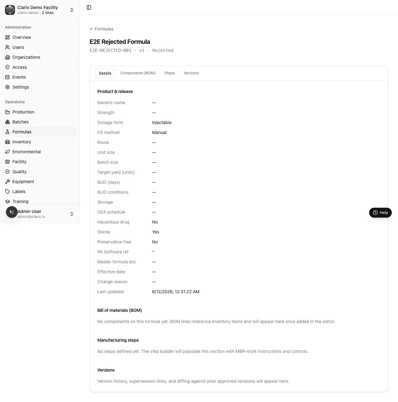 Formula detail with BOM and steps