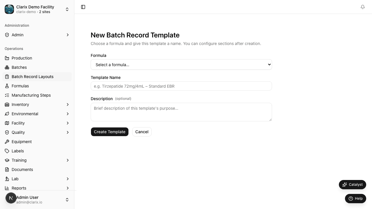New Batch Record Layout form