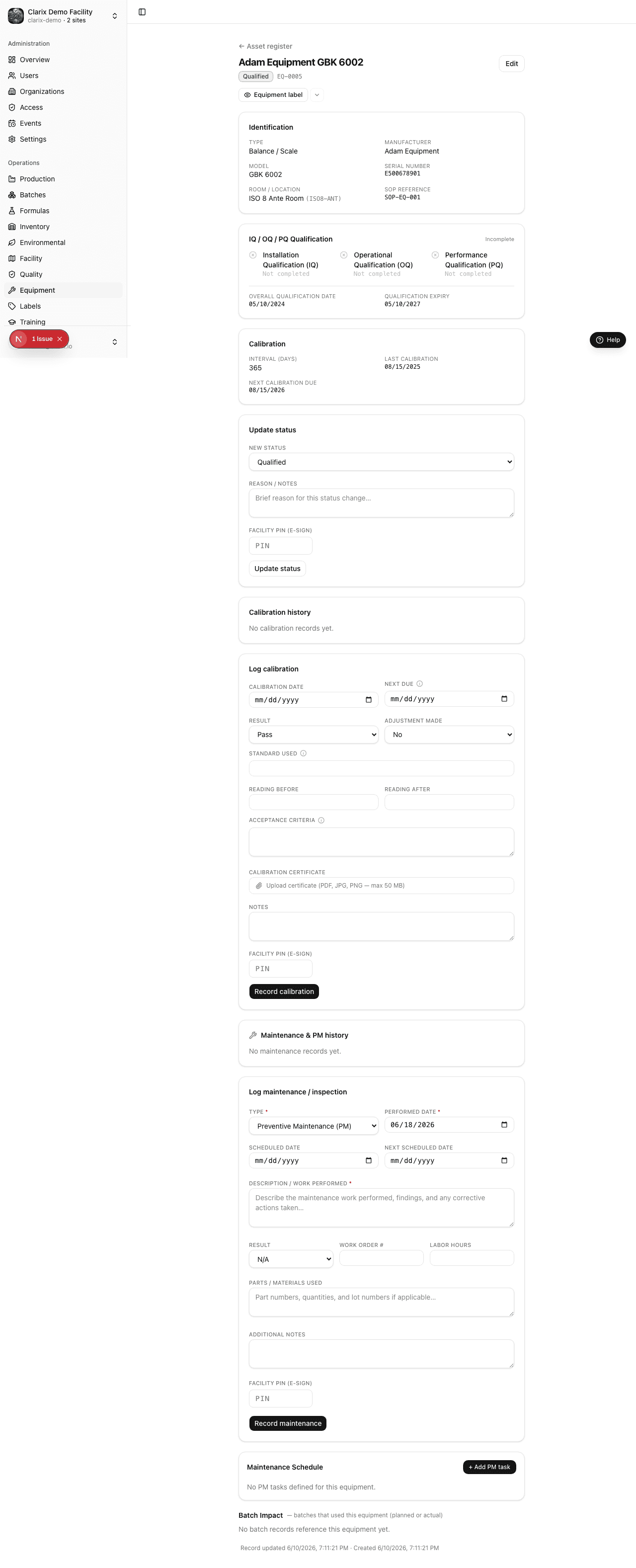 Asset detail with calibration log