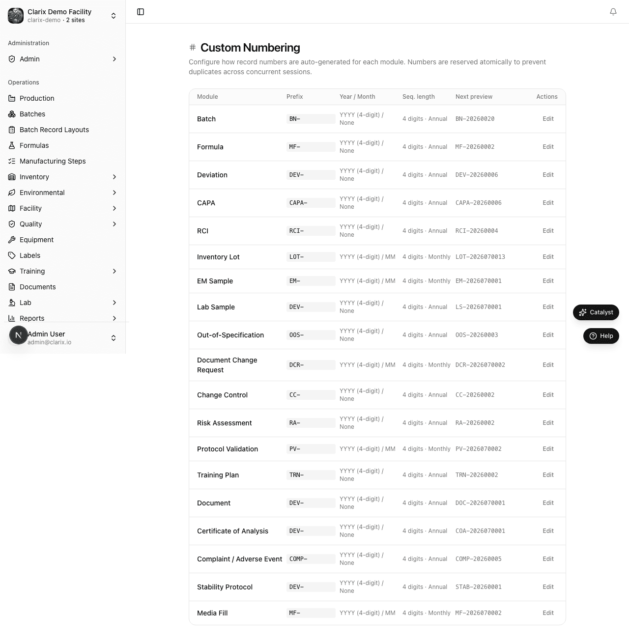 Numbering settings