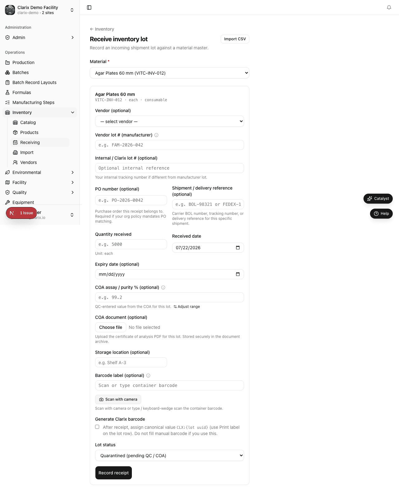 Inventory receiving workflow