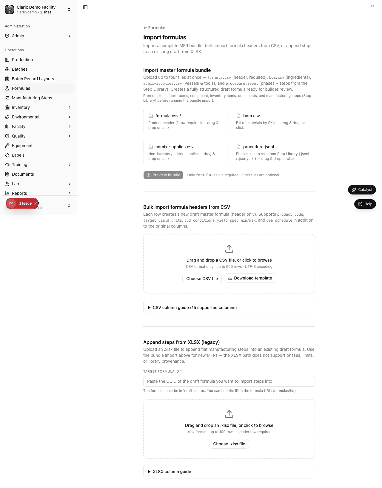 Formula import page with bundle section