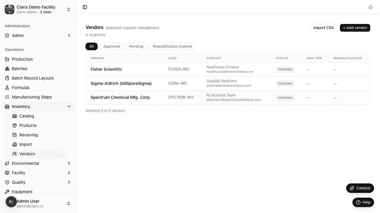 Vendors list