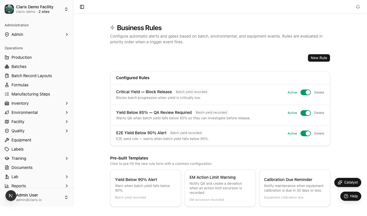 Business rules settings