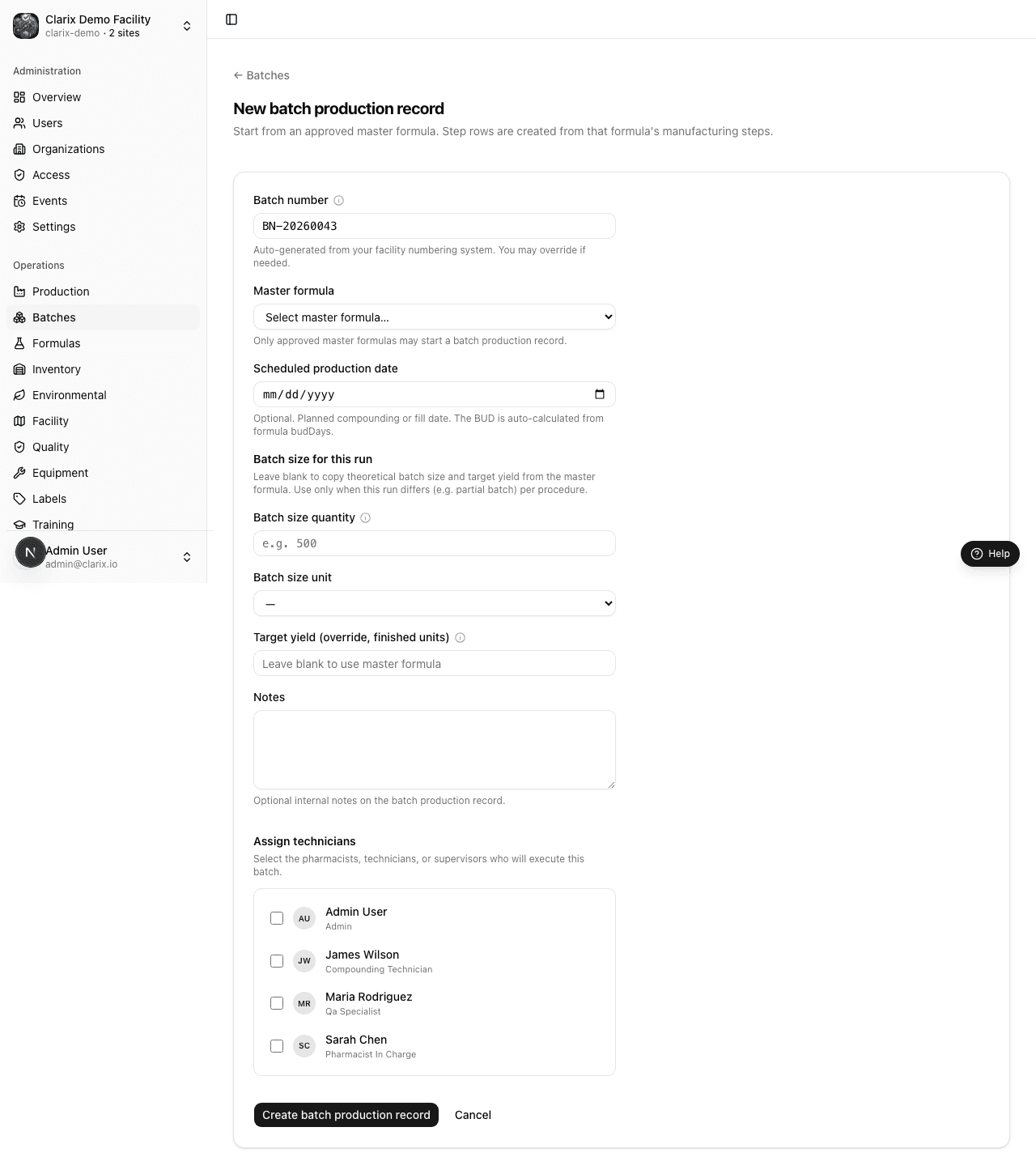 Create new batch form