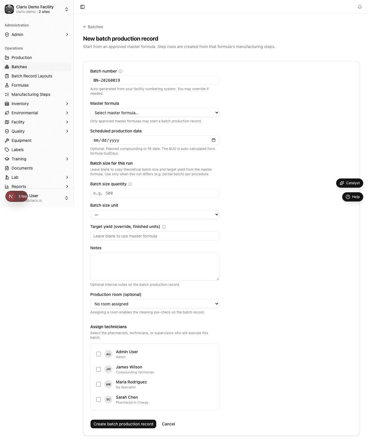 Create new batch form