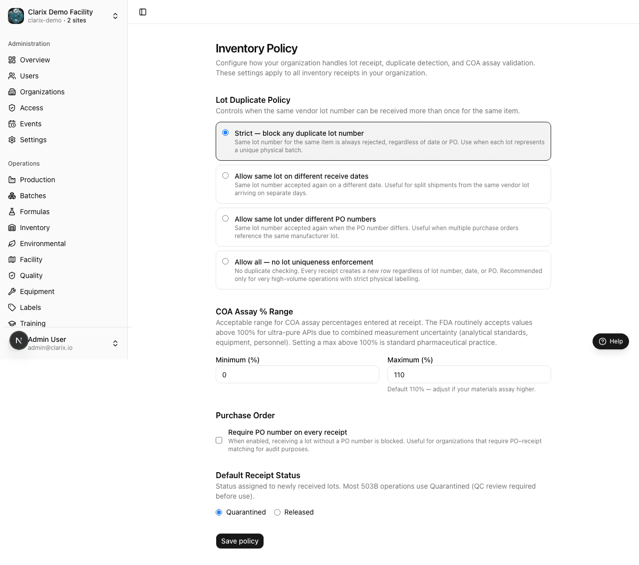 Inventory policy settings