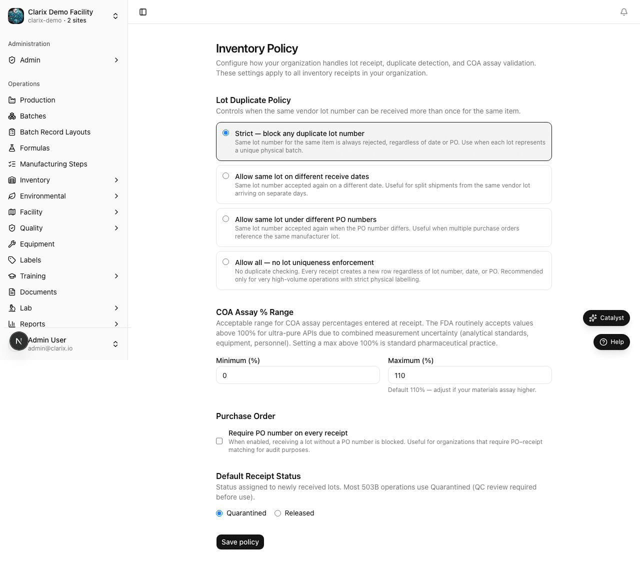 Inventory policy settings