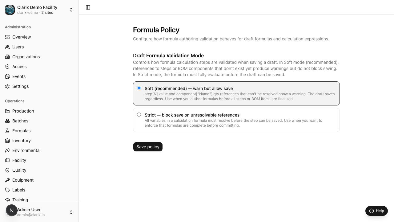 Formula policy settings