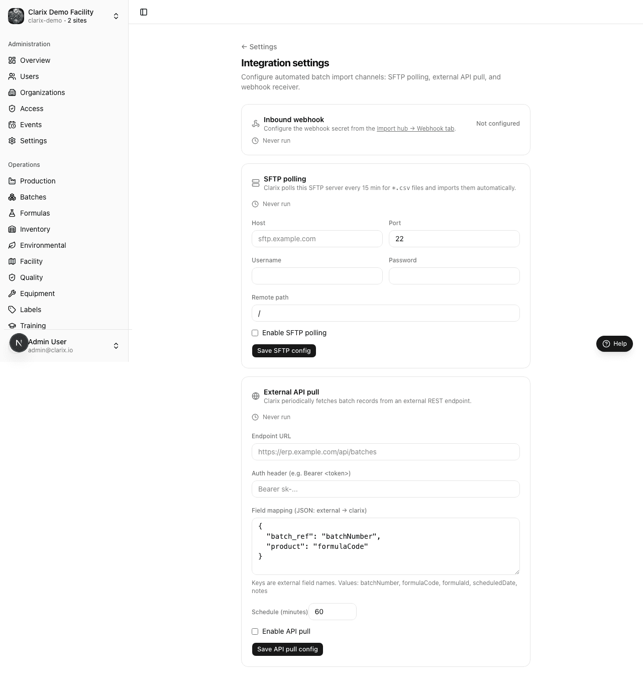 Integrations settings