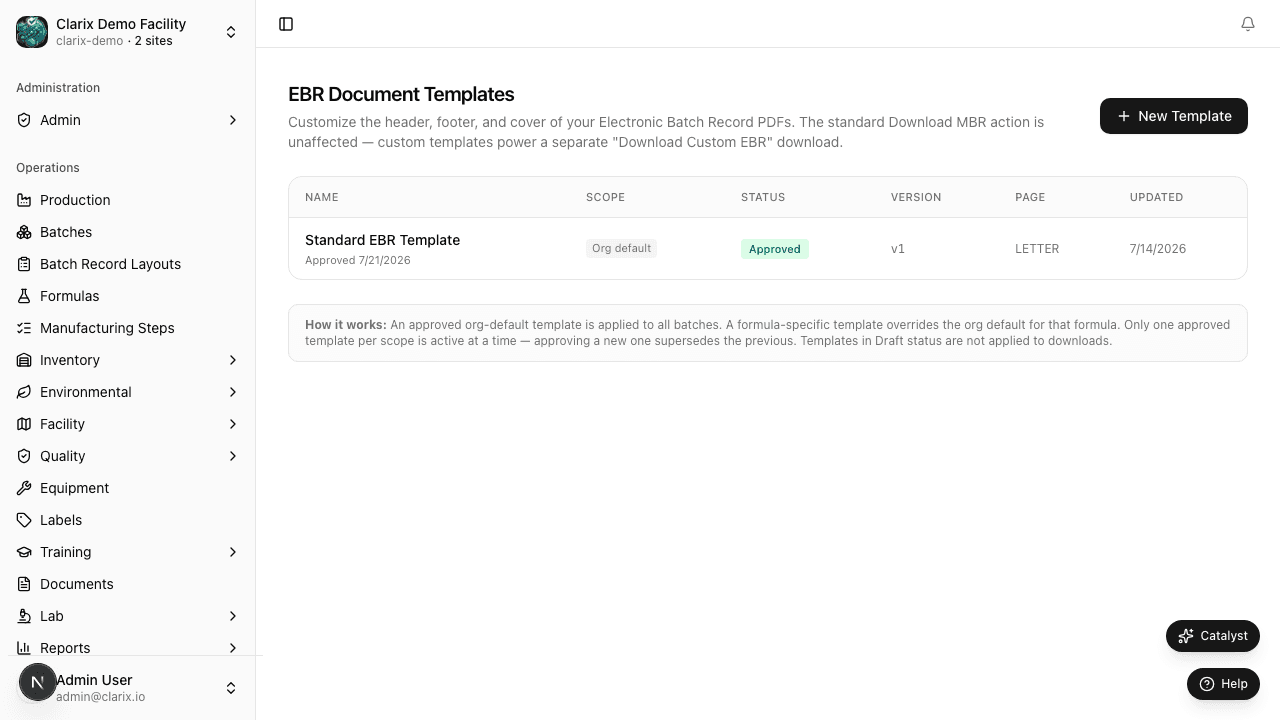EBR document templates settings