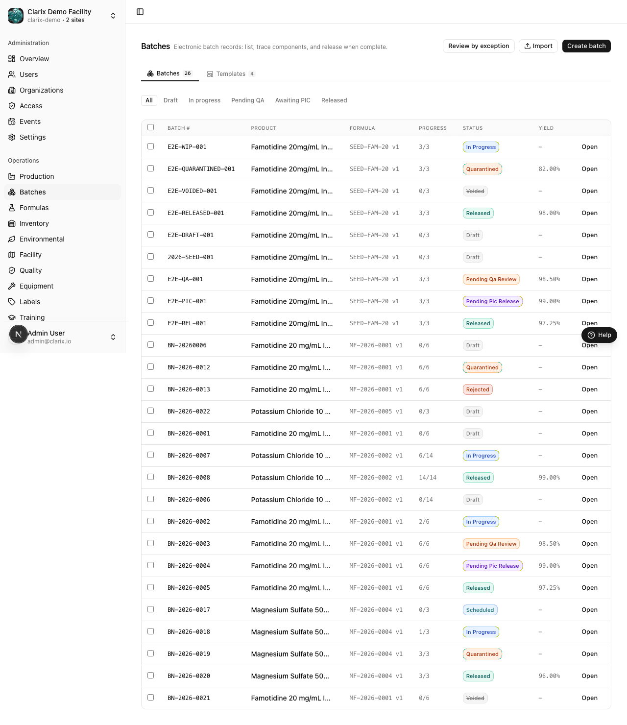 Batch catalog showing all statuses