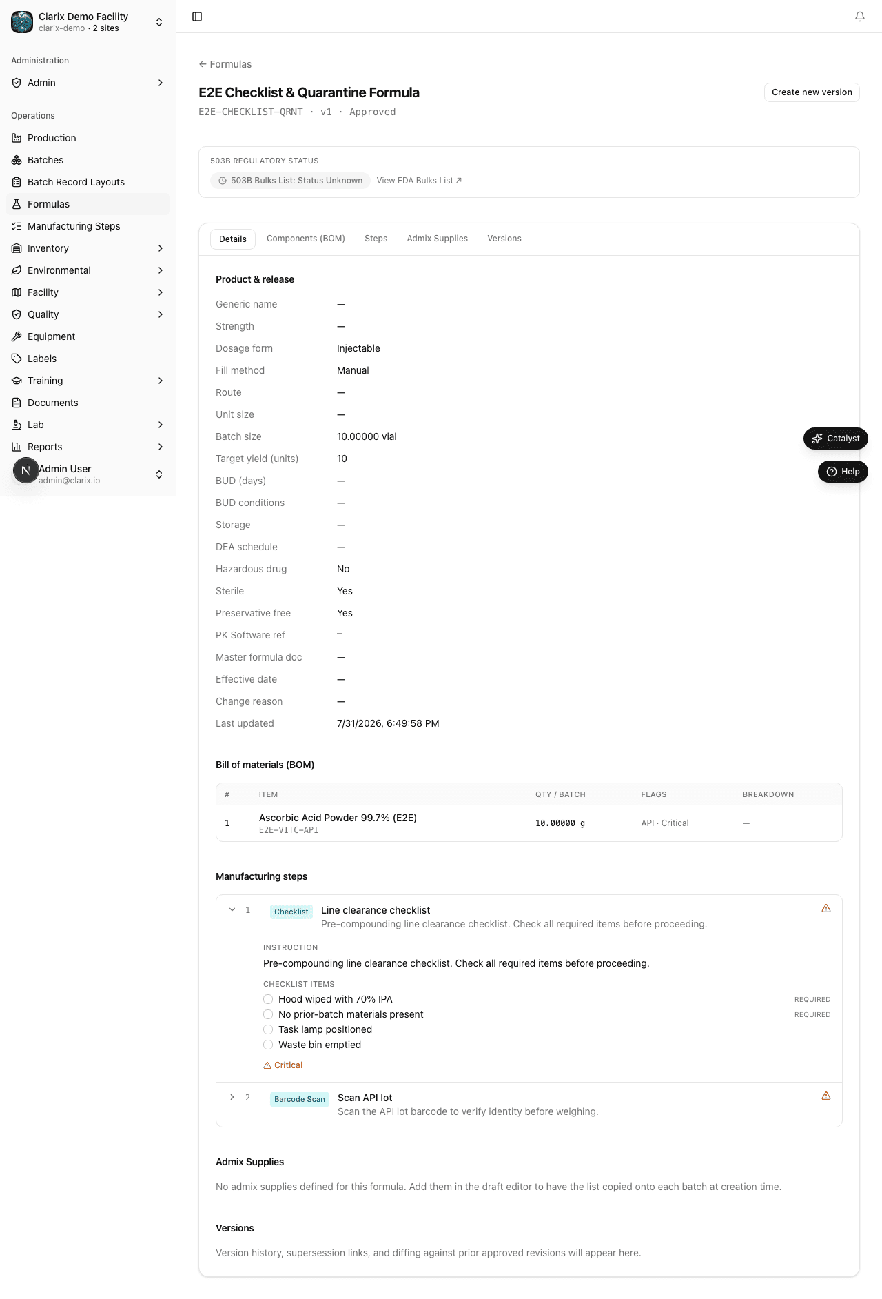 Formula detail with BOM and steps