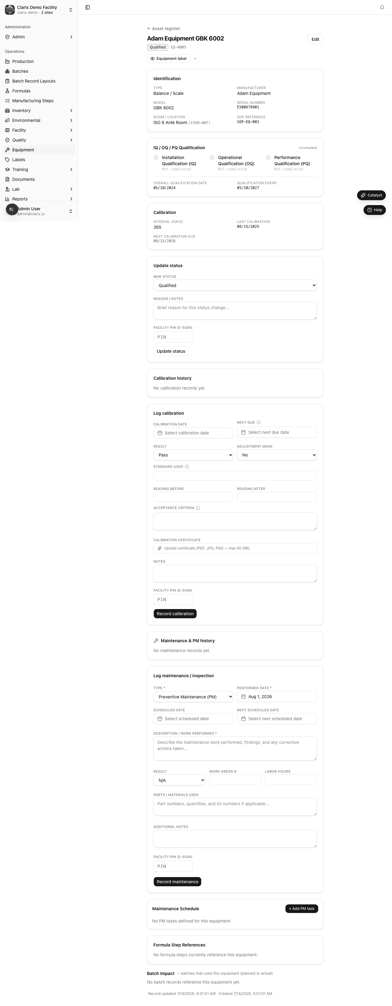 Asset detail with calibration log
