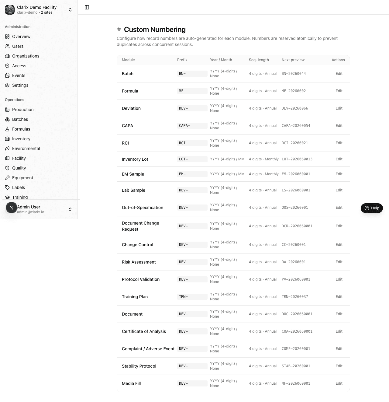Numbering settings