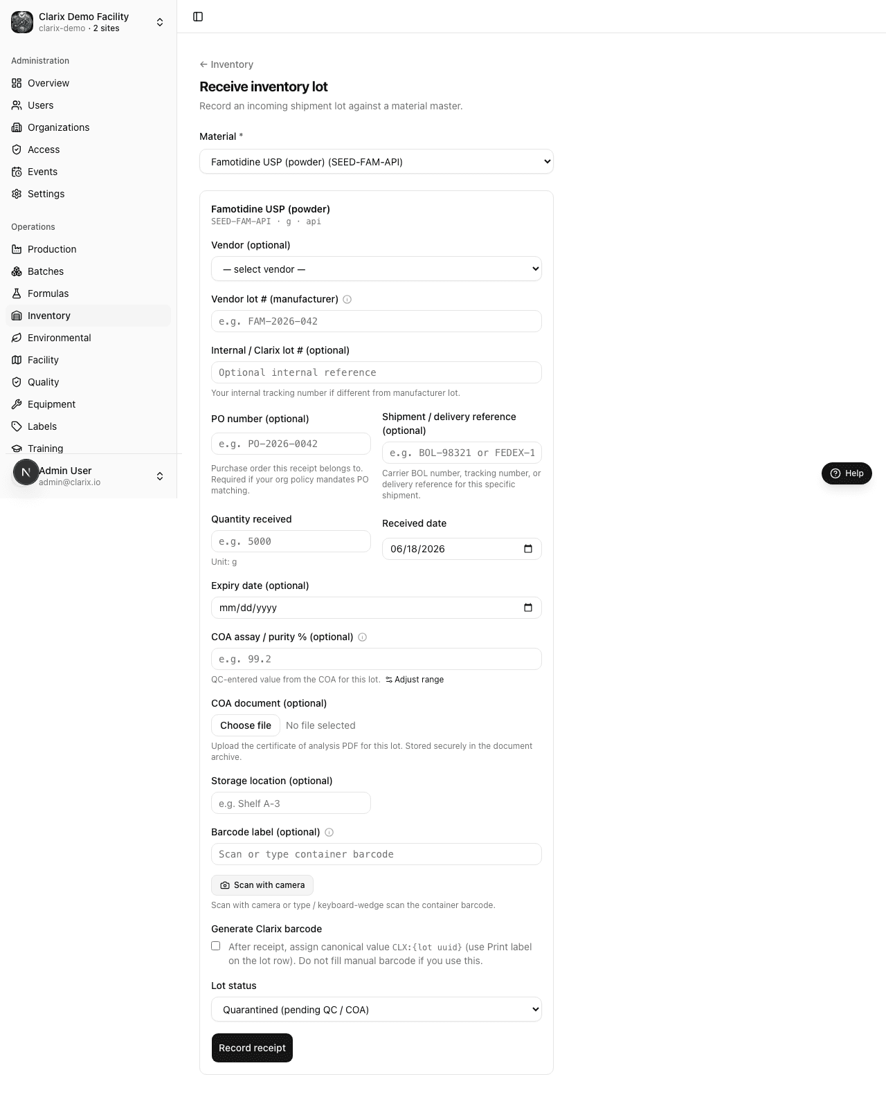 Inventory receiving workflow