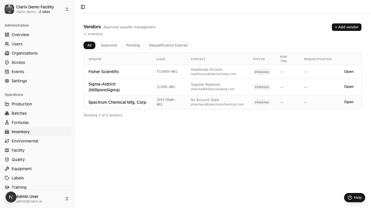 Vendors list