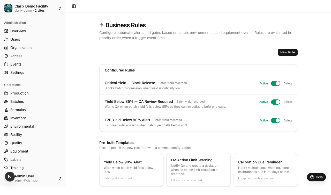 Business rules settings