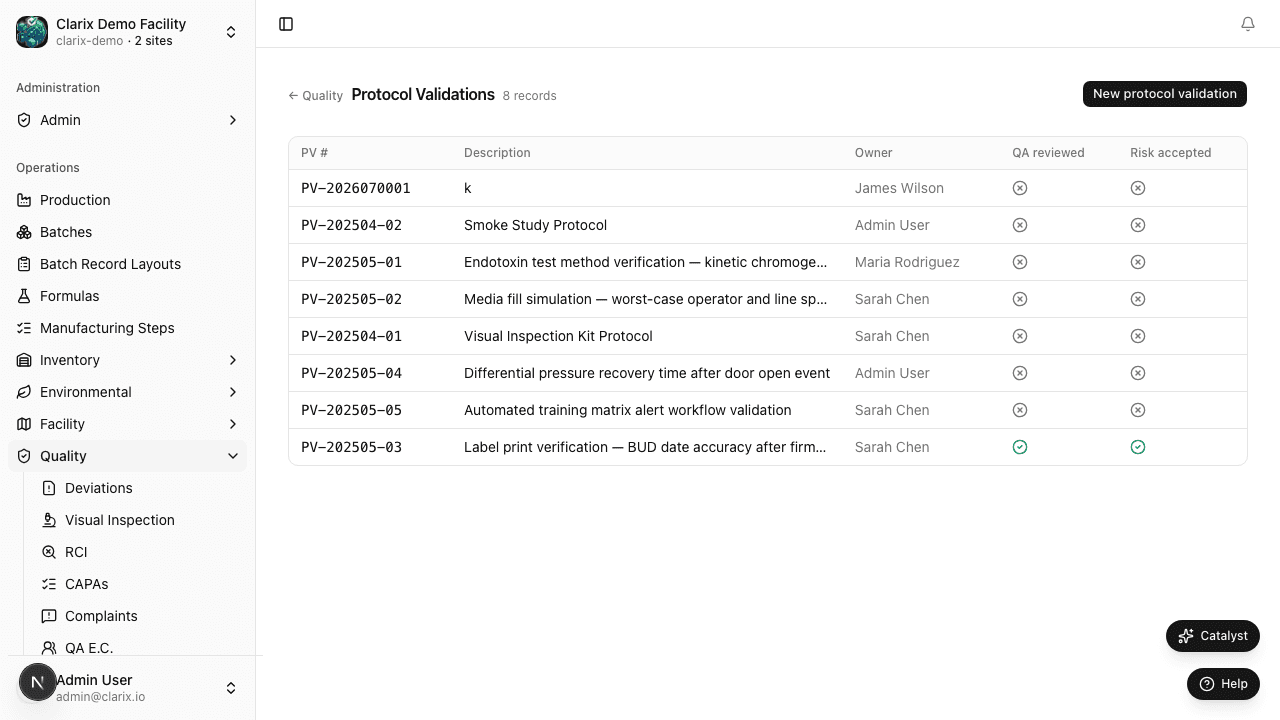 Protocol validation list